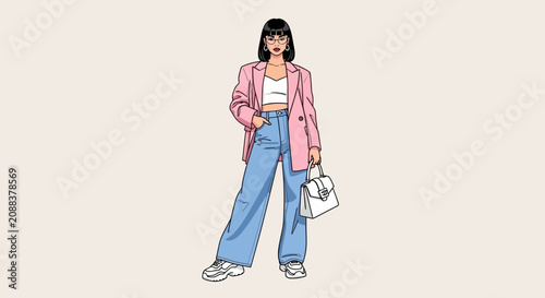 Young woman wearing plaid shirt and jeans standing confidently.