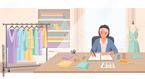 Young woman working on laptop in creative office space.
