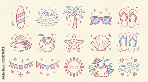 Obraz na płótnie A collection of cute pastel summer and beach-themed doodle icons including surfboards, palm trees, sunglasses, flip-flops, sun hats, coconut drinks, starfish, seashells, and sun