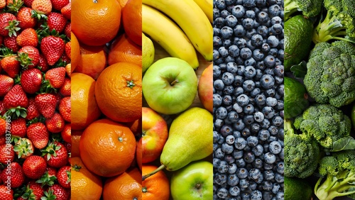 Fresh colorful fruits and vegetables arranged in healthy nutrition collage