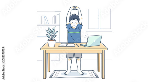 Happy Child Doing Stretching Exercises at Home Workspace with Laptop and Bookshelf Background yoga fitness study relaxation digital lines vector