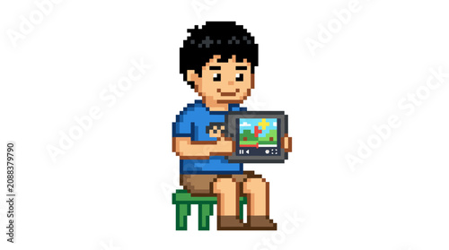 Happy Child Sitting on Stool Using Digital Tablet with Colorful Interface in Flat Pixel Art Style smiling interactive lines clean