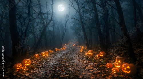 Spooky halloween night with glowing jack o lanterns in a dark forest