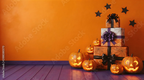 Happy halloween festive orange wall with stacked gifts jack o' lanterns and decorative stars