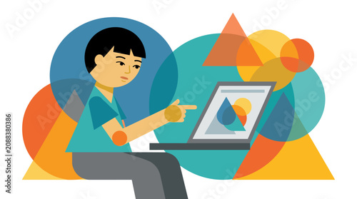 Professional Flat Design Vector Illustration of a Person Analyzing Data on a Laptop with Geometric Background Elements digital business pointing