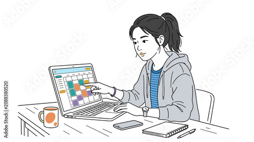 Professional Woman Analyzing Colorful Data Chart on Laptop in Modern Office Setting Vector Illustration business working digital lines geometric flat