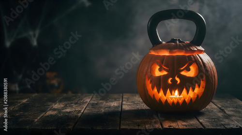 Happy halloween spooky jack o' lantern kettlebell on wooden table with dark moody background