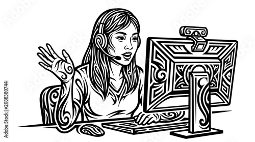 Professional Woman Using Computer Headset for Online Presentation or Customer Support with Modern Vector Art Style office communication work lines