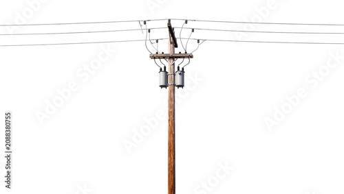 Wooden utility pole with transformers and wires, isolated on transparent background