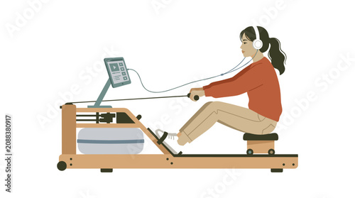 Professional Woman Using Indoor Rowing Machine with Digital Display for Home Gym Workout fitness exercise sports athlete headphones vector illustration