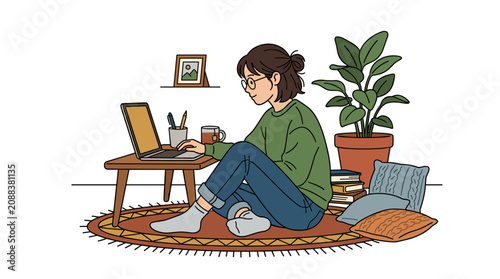Relaxed Woman Working on Laptop in Cozy Home Office with Coffee and Plants homeoffice study flatdesign digitalart lines clean illustrationstyle
