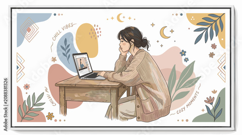 Relaxed Woman Enjoying Cozy Work from Home Session with Laptop on Wooden Desk in Chill Atmosphere working homeoffice digital lines