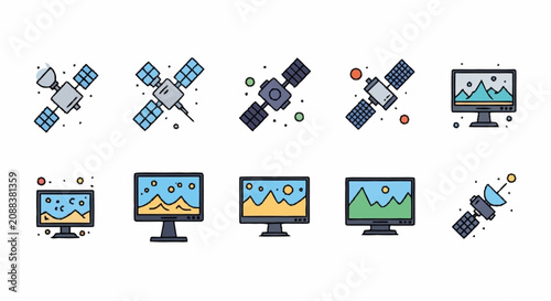 Canvas Print Flat design icons of satellites and computer monitors for technology themes