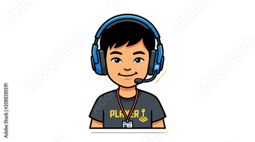 Smiling Gamer with Headset and Microphone Vector Illustration for Esports Gaming and Player Branding character headphones digital clean sticker geometric