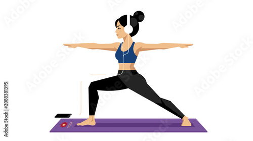 Stylish Woman Practicing Yoga in Side Plank Pose with Headphones for Fitness Workout on Purple Mat Modern Flat Vector Illustration