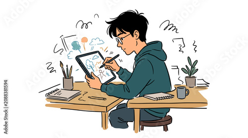 Focused Young Artist Sketching Digital Illustration on Tablet with Stylus in Creative Workspace drawing tracing lines clean digitalillustration design vector