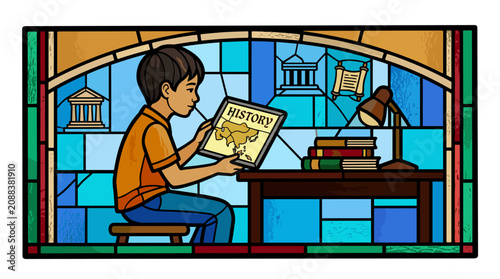 Young Boy Studying History with Digital Tablet in Stained Glass Style Vector Illustration education child reading books desk geometric flat