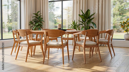 Modern wooden dining table and chairs in elegant sunlit home interior