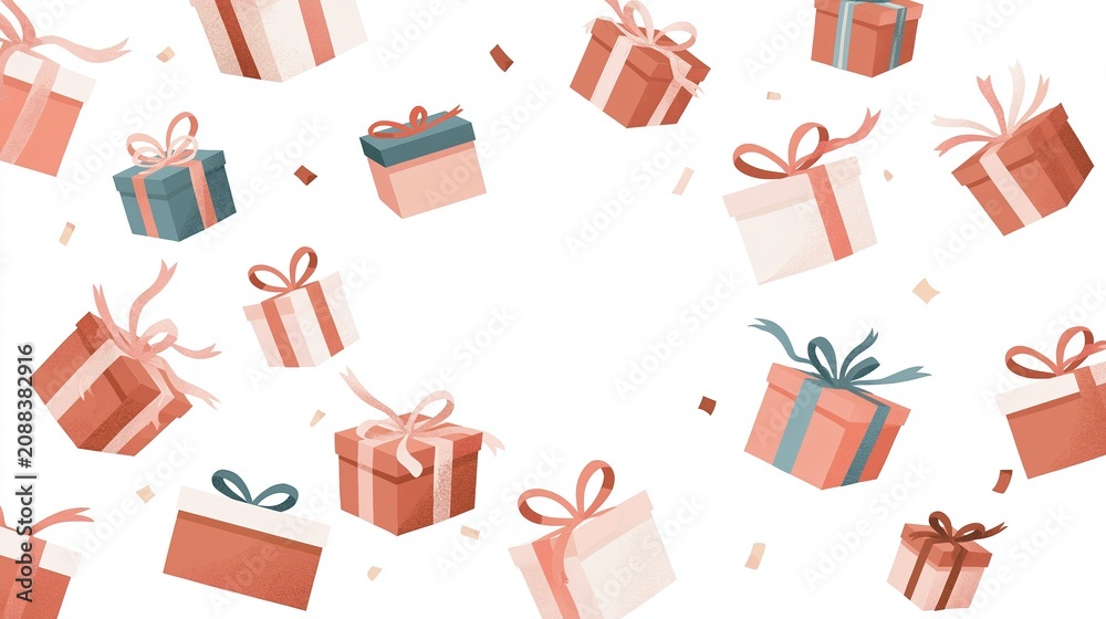 Festive Background of Assorted Gift Boxes with Ribbons and Confetti