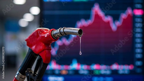Red fuel nozzle with falling oil price market chart in background