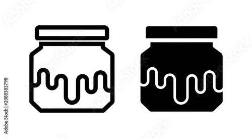 Obraz na płótnie Honey jars with drip icons set in outline and solid black silhouette styles for
