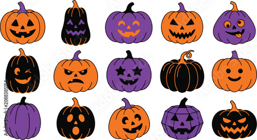 Halloween jack o' lantern collection diverse pumpkin faces for spooky seasonal designs and festive decorations