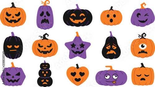 Halloween pumpkins and gourds with various spooky faces for decoration and party