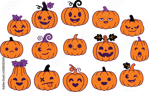 Halloween pumpkins with various emotions and expressions for spooky decorations and party themes