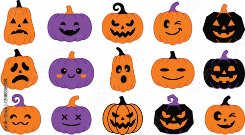 Halloween jack o' lantern faces collection orange and purple pumpkin carvings for festive decorations