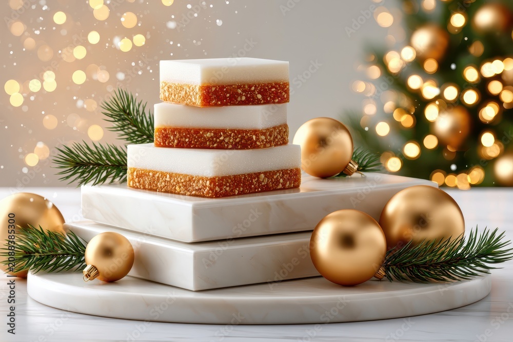 Fototapeta premium Luxury Christmas product display on polished white marble podium with gold ornaments and pine
