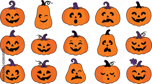 Halloween jack o' lantern faces collection diverse pumpkin expressions for autumn decorations and spooky designs