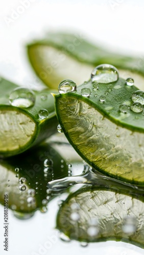 Fresh aloe vera slices with water droplets for natural skincare concept