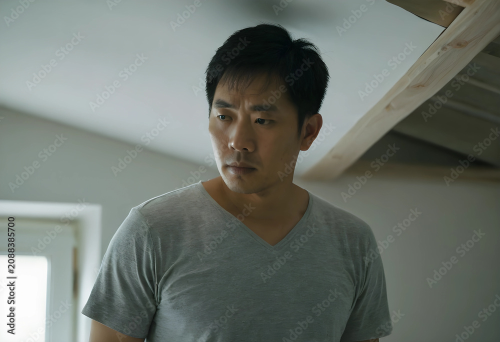 Obraz premium East Asian man in gray t-shirt indoors looking down