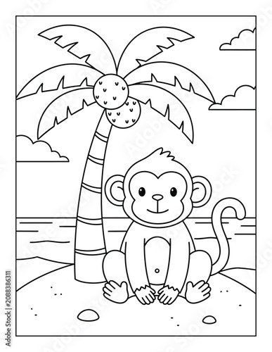 Photography Cute monkey sitting beneath a coconut palm tree on a sandy beach coloring page