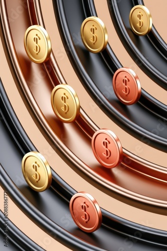 Business money concept with 3D dollar coins on metallic concentric rings for finance and investment