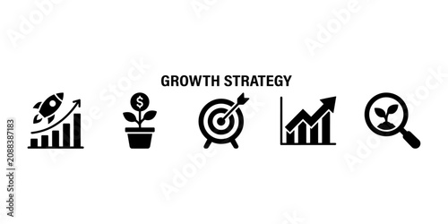 Black growth strategy icons set with business graphs and targets