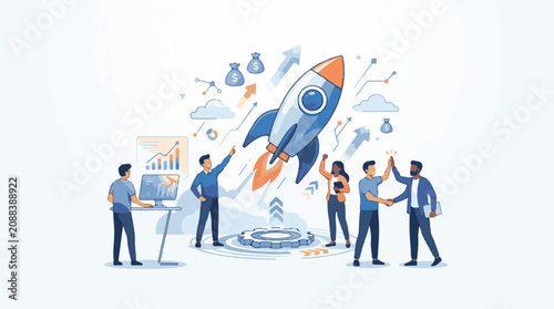 Team celebrates successful business startup launch with a rocket taking off