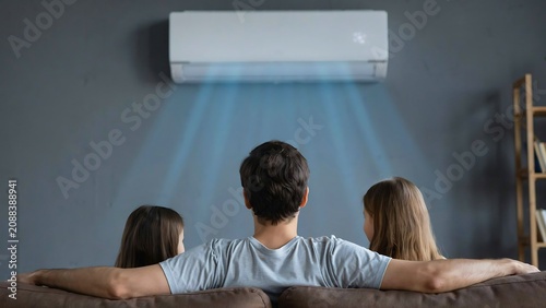 Family enjoying cool air from modern wall mounted air conditioner at home
