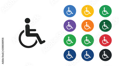 Colorful set of circular icons featuring a simple wheelchair accessibility symbol on a clean surface
