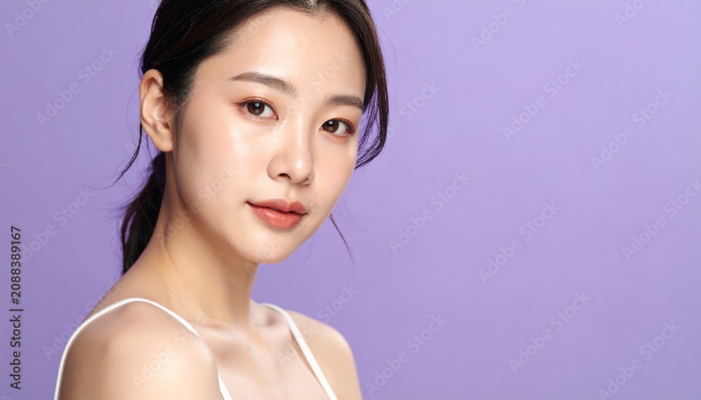 Fototapeta premium 透明感あふれる素肌とナチュラルな笑顔の日本人女性ビューティーポートレート（コピースペースあり）, Japanese Woman Clear Skin Natural Smile Beauty Portrait with Copy Space