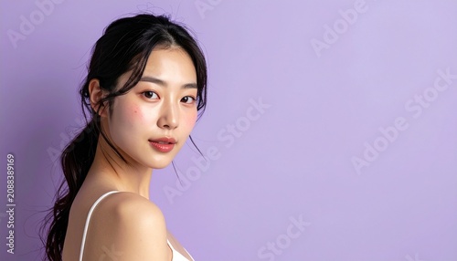 透明感あふれる素肌とナチュラルな笑顔の日本人女性ビューティーポートレート（コピースペースあり）, Japanese Woman Clear Skin Natural Smile Beauty Portrait with Copy Space