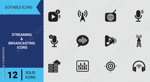 Fotografie Solid Streaming and Broadcasting Icons for Live Podcasting Radio Stations and On