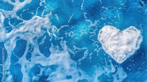 Heart Shape Formation in Ocean Foam Against Vibrant Blue Water Background