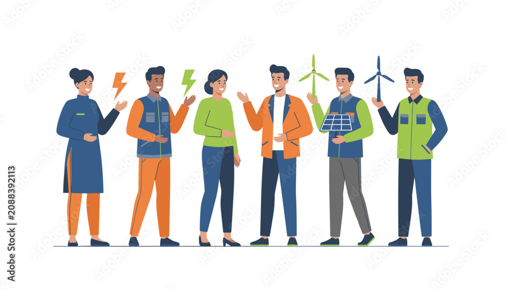 Obraz premium Professional group of people standing together holding symbols of green energy including wind turbines solar panels and electric lightning bolts.