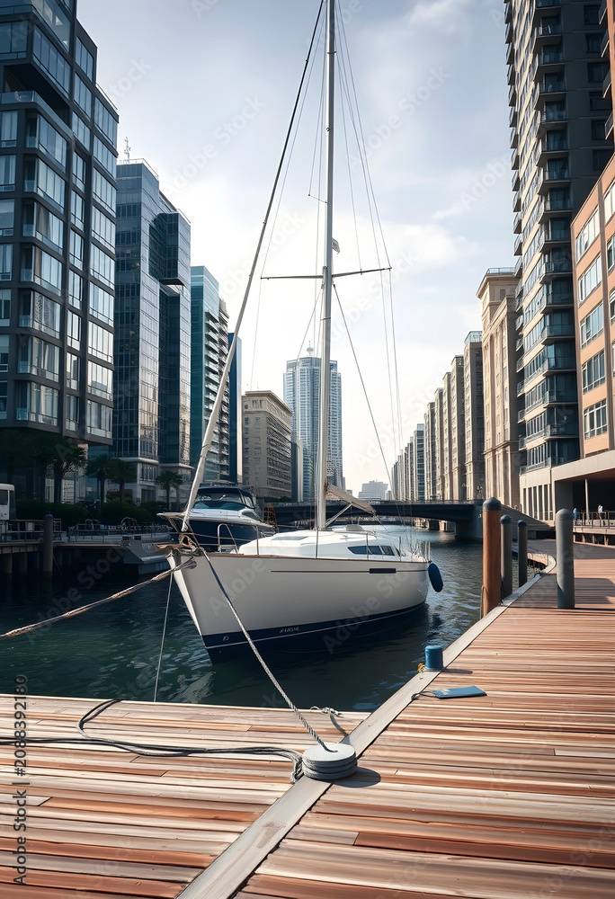 Fototapeta premium keelboat docked in urban marina with high-rise buildings