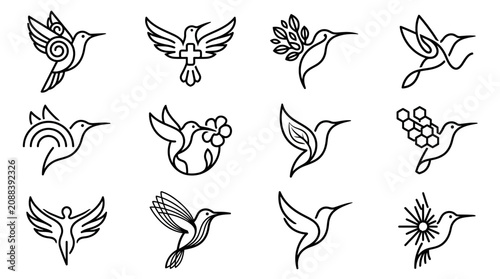 Fotografie Hummingbird Line Art Icons Set.
