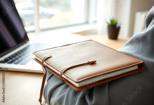 brown leather notebook on l...
