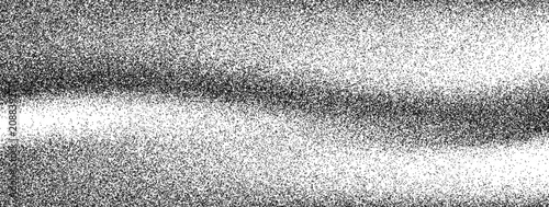 Soft wavy grain gradation with spray noise overlay for poster backdrop. Flowing wave band and dotted halftone over dark grainy texture. Abstract vector background with grunge fade and stipple dust.