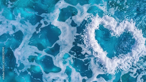 Heart Shaped Foam in Turquoise Ocean Water with Gentle Waves and Sunlight Reflection
