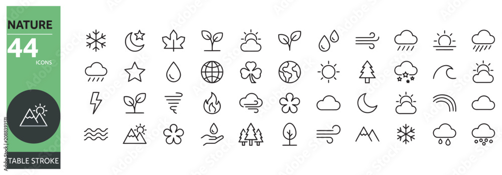 Naklejka premium Nature and weather line icon set featuring forty four symbols with editable stroke design